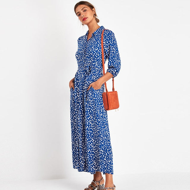 Aachoae Vintage Floral Print Maxi Dress Women Boho Three Quarter Sleeve Long Dress Turn Down Collar Casual Shirt Dresses Robe
