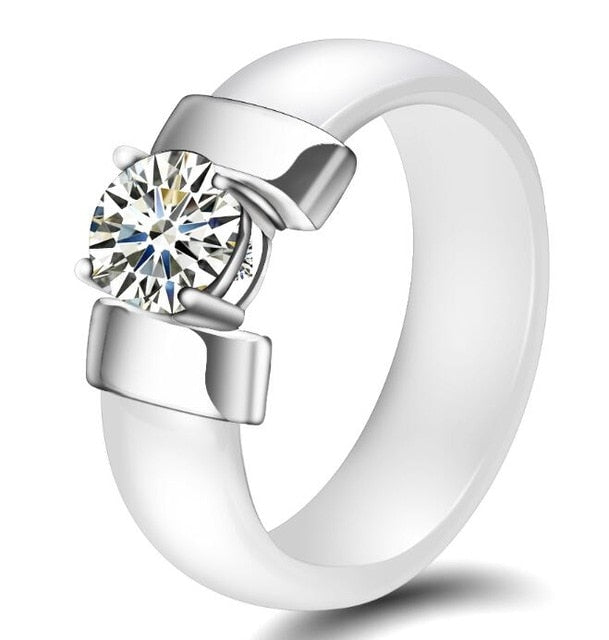 6mm White Black Ceramic Rings Plus Cubic Zirconia For Women Gold Color Stainless Steel Women Wedding Ring Engagement Jewelry