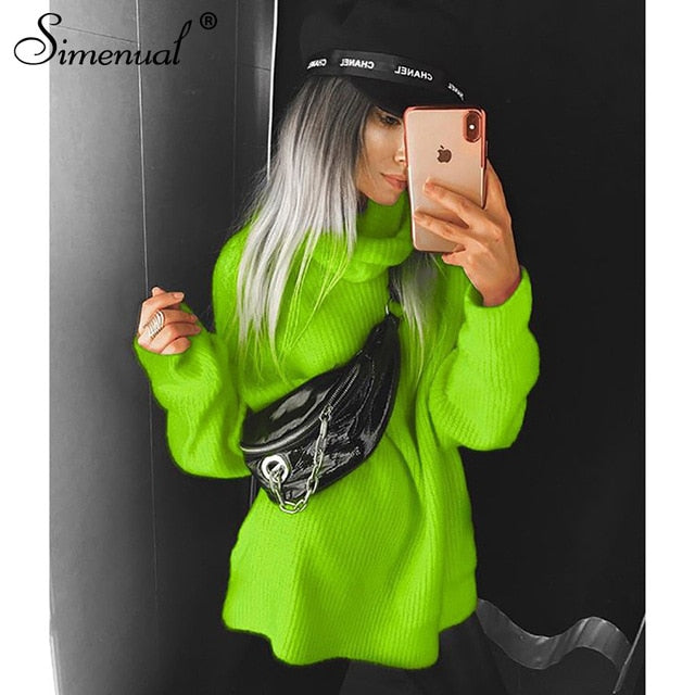 Simenual Knitwear Turtleneck Autumn Winter Sweaters Women Neon Color Long Sleeve Jumpers Fashion 2019 Casual Basic Slim Pullover