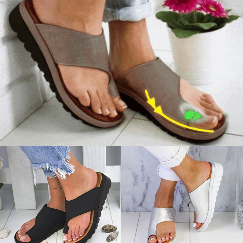 Women Shoes  PU Leather Comfy Platform Flat Sole Ladies Casual Soft Big Toe Foot Correction Sandal Orthopedic Bunion Corrector-C