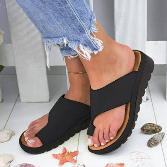 Women Shoes  PU Leather Comfy Platform Flat Sole Ladies Casual Soft Big Toe Foot Correction Sandal Orthopedic Bunion Corrector-C