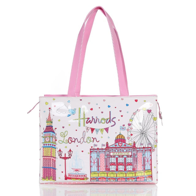 London Style PVC Reusable Shopping Bag Women's Bag Eco Friendly Flower Shopper Bag Waterproof Handbag Lunch Tote Shoulder Bag