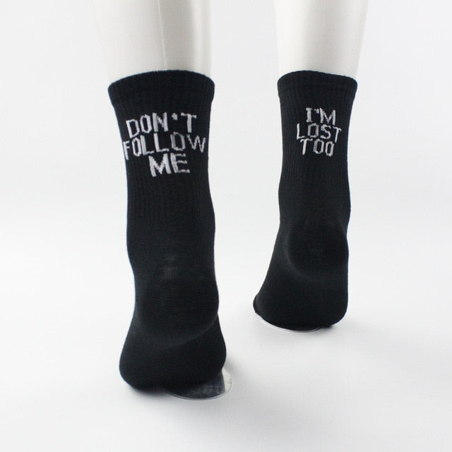 2020 Black White Cotton Socks AB Side Don't Follow Me I'm Lost too Creative Unisex Women Men Casual Socks Daily