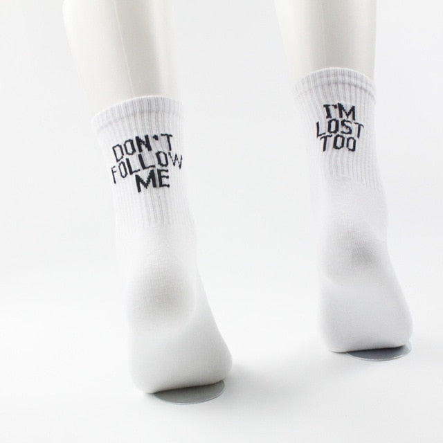 2020 Black White Cotton Socks AB Side Don't Follow Me I'm Lost too Creative Unisex Women Men Casual Socks Daily