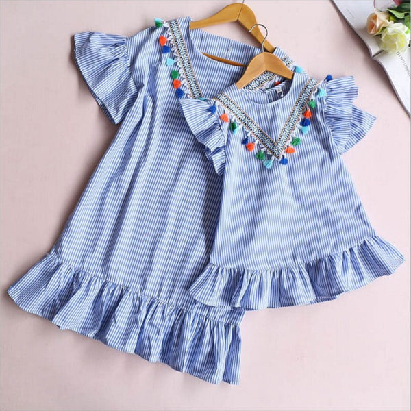 Newborn Baby Girl Family Matching Clothes Mom And Daughter Dress Nine Quarter Stripe Tassel Mini  Mother And Daughter Outfits