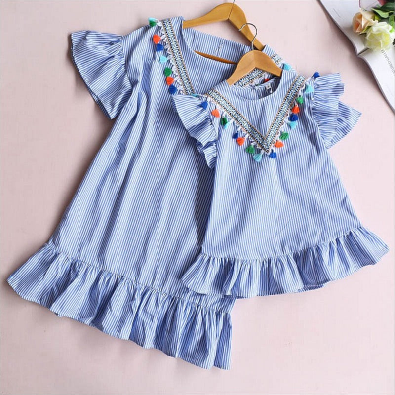 Newborn Baby Girl Family Matching Clothes Mom And Daughter Dress Nine Quarter Stripe Tassel Mini  Mother And Daughter Outfits
