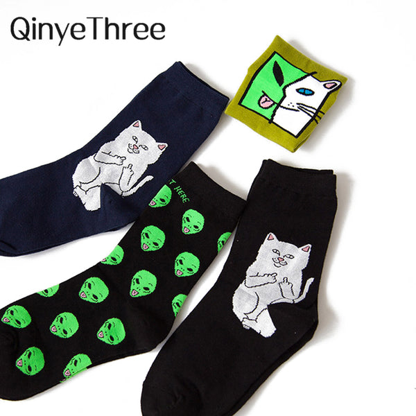 1 Pair Autumn Winter Women Cotton Socks Art Funny Alien Planet Creative Funny Cartoon Cat Breathable Socks Couple socks