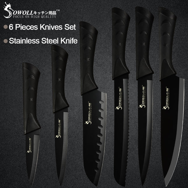 Sowoll Stainless Steel Kitchen Knives 6 Piece Set Sharp Black Blade ABS+TPR Handle Knife Meat Fish Fruit Cooking Accessories