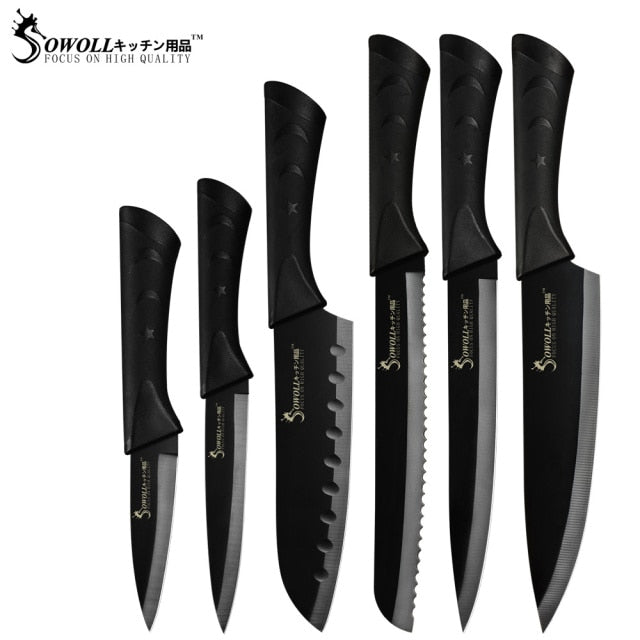 Sowoll Stainless Steel Kitchen Knives 6 Piece Set Sharp Black Blade ABS+TPR Handle Knife Meat Fish Fruit Cooking Accessories