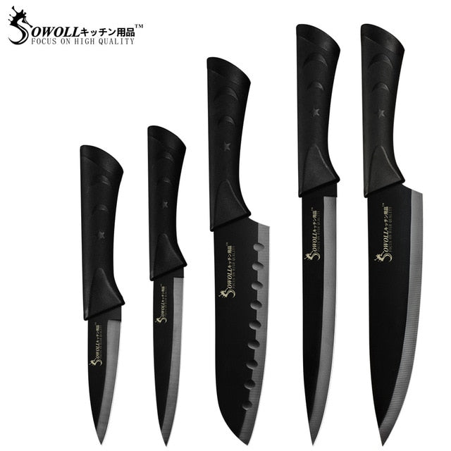 Sowoll Stainless Steel Kitchen Knives 6 Piece Set Sharp Black Blade ABS+TPR Handle Knife Meat Fish Fruit Cooking Accessories