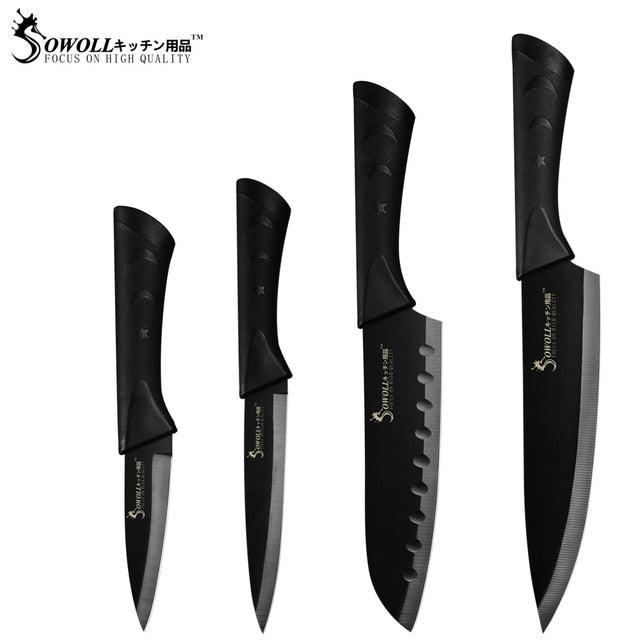 Sowoll Stainless Steel Kitchen Knives 6 Piece Set Sharp Black Blade ABS+TPR Handle Knife Meat Fish Fruit Cooking Accessories