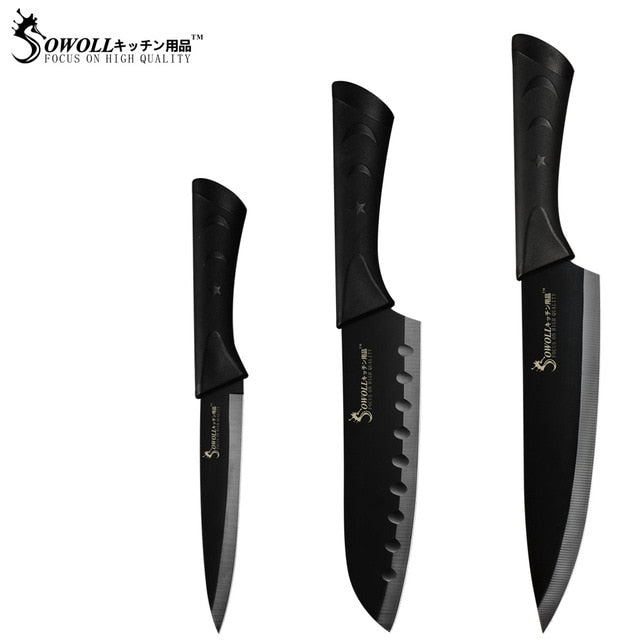 Sowoll Stainless Steel Kitchen Knives 6 Piece Set Sharp Black Blade ABS+TPR Handle Knife Meat Fish Fruit Cooking Accessories
