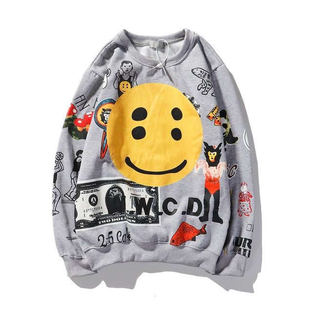 KANYE Smiley Flame Print Round Neck Sweatshirt Men and Women Plus Velvet Streetwear Stranger Things Hoodie Pullover Mens Hoodies