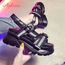 Aphixta 8cm Platform Sandals Women Wedge High Heels Shoes Women Buckle Leather Canvas Summer Zapatos Mujer Wedges Woman Sandal