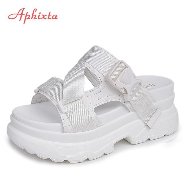 Aphixta 8cm Platform Sandals Women Wedge High Heels Shoes Women Buckle Leather Canvas Summer Zapatos Mujer Wedges Woman Sandal