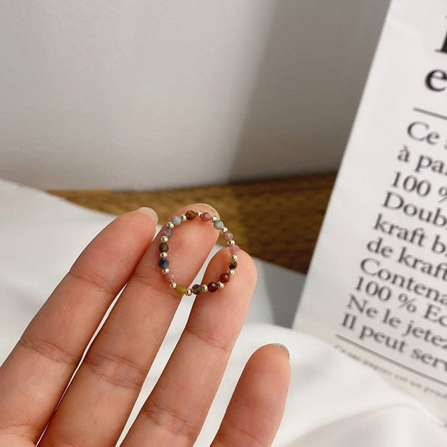 AOMU 2020 Fashion Crystal Beaded Rings Cute Minimalist Coloful Beads Geometric Stacked Fine Rings for Women Party Gift Jewelry