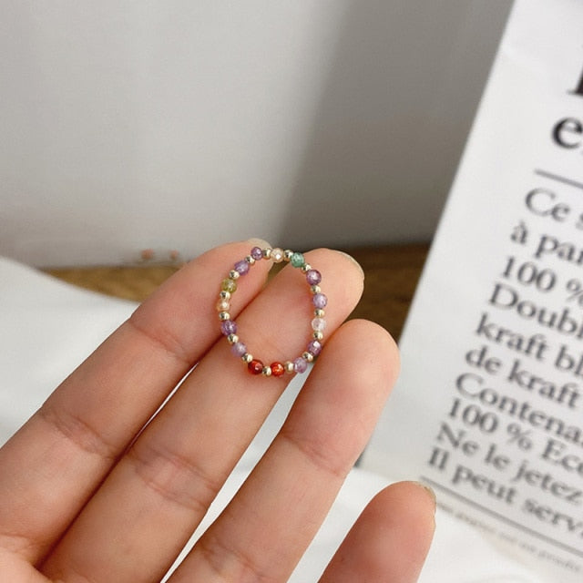 AOMU 2020 Fashion Crystal Beaded Rings Cute Minimalist Coloful Beads Geometric Stacked Fine Rings for Women Party Gift Jewelry