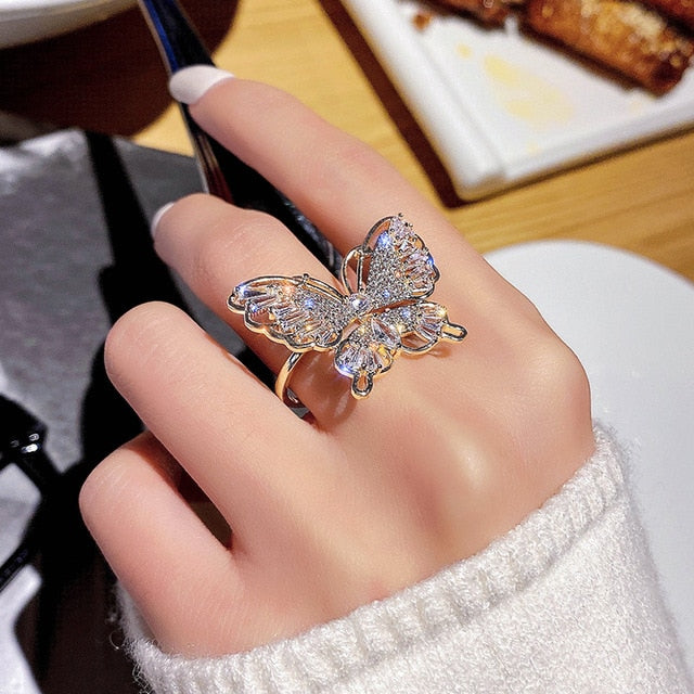 New design fashion jewelry opening high-grade copper inlaid zircon butterfly ring luxury shiny cocktail party ring for women