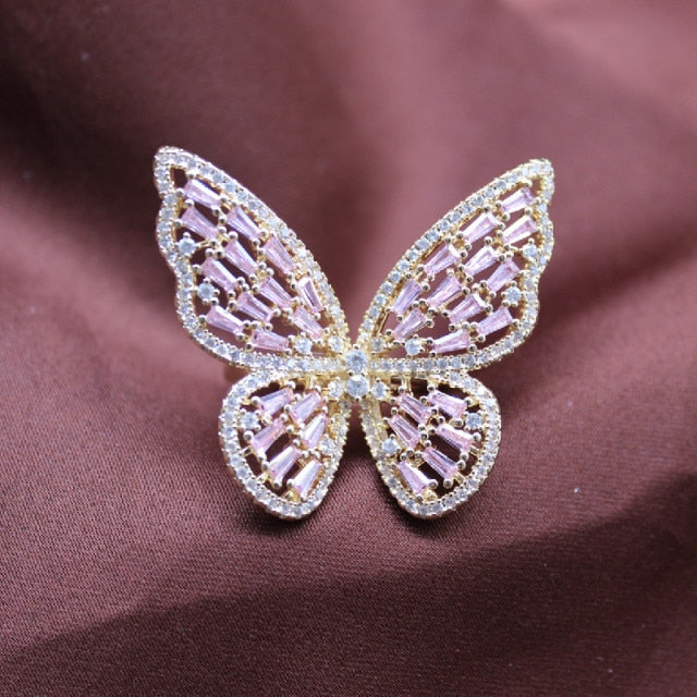 New design fashion jewelry opening high-grade copper inlaid zircon butterfly ring luxury shiny cocktail party ring for women
