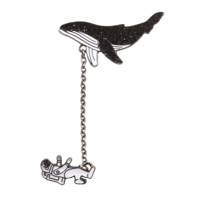 Fashion Cartoon Brooch Fish Badges Astronaut Dolphin Shark Whale Origami Crane Enamel Pins Denim Bag Marine Animal Jewelry Women