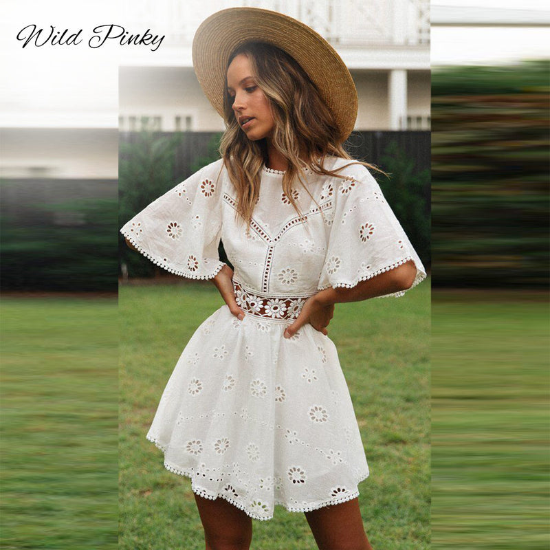 Flare sleeve cotton white lace dress Women casual ladies dress Summer high waist short dress backless vestidos hollow out dress