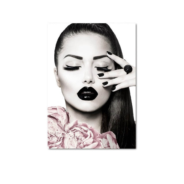 Pink Flower Perfume Fashion Lady Poster Sliver Lips Makeup Print Canvas Art Painting Wall Picture Modern Girl Room Home Decor