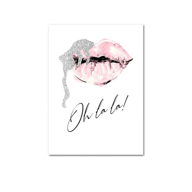 Pink Flower Perfume Fashion Lady Poster Sliver Lips Makeup Print Canvas Art Painting Wall Picture Modern Girl Room Home Decor
