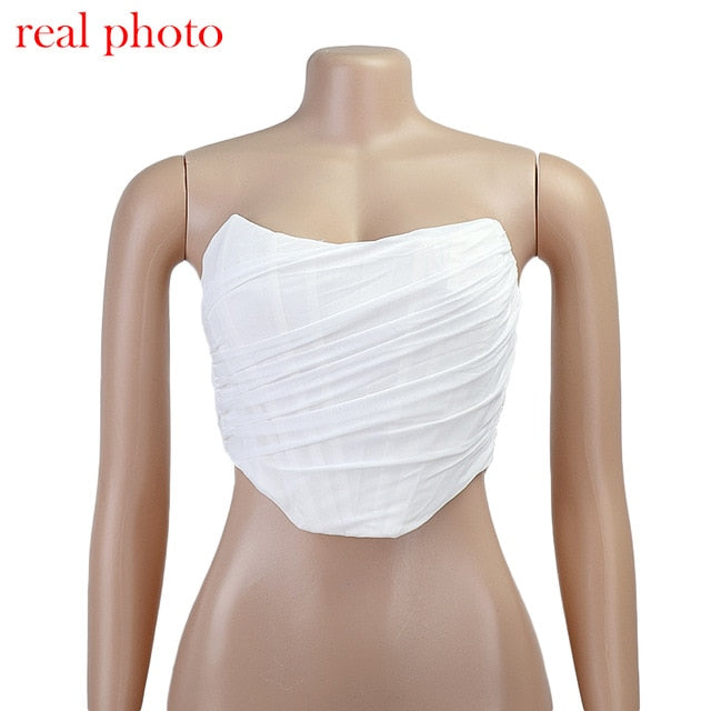 Cryptographic Sleeveless Fashion Strapless Bustier Corset Crop Tops Female Mesh Backless White Women Tops Zipper Summer 2021