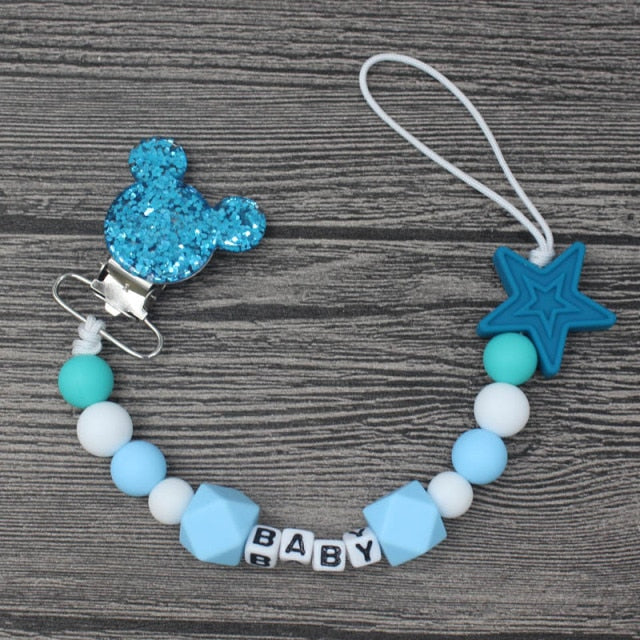 XCQGH Personalised Name Silicone Baby Pacifier Clips Chain Nipple Pacifier Chain with Mouse Holder for Baby, Baby Shower Gift