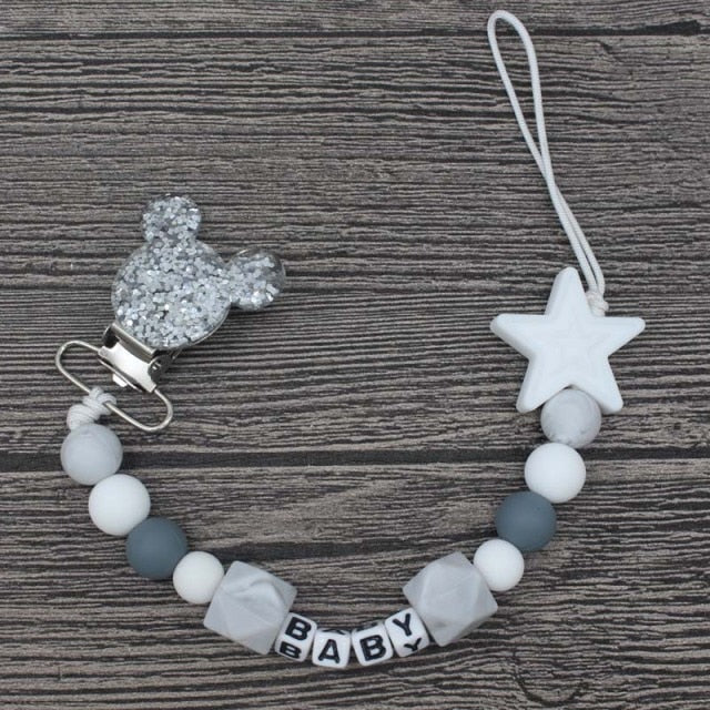 XCQGH Personalised Name Silicone Baby Pacifier Clips Chain Nipple Pacifier Chain with Mouse Holder for Baby, Baby Shower Gift