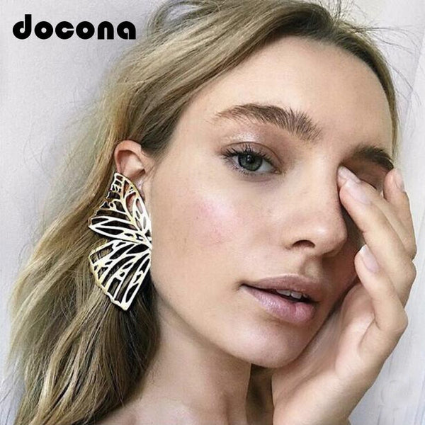 Docona Gold Hollow Butterfly Drop Dangle Earring for Women Metal Big Wing Pendant Earring Statement Jewelry brincos 6218