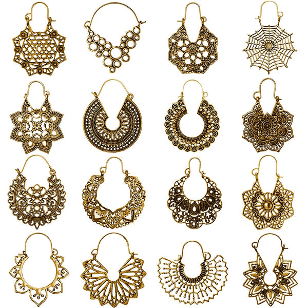 HuaTang Vintage Gold Silver Color Metal Dangle Hollow Earrings for Women Geometric Carved Ethnic Earring Indian Jewellery brinco