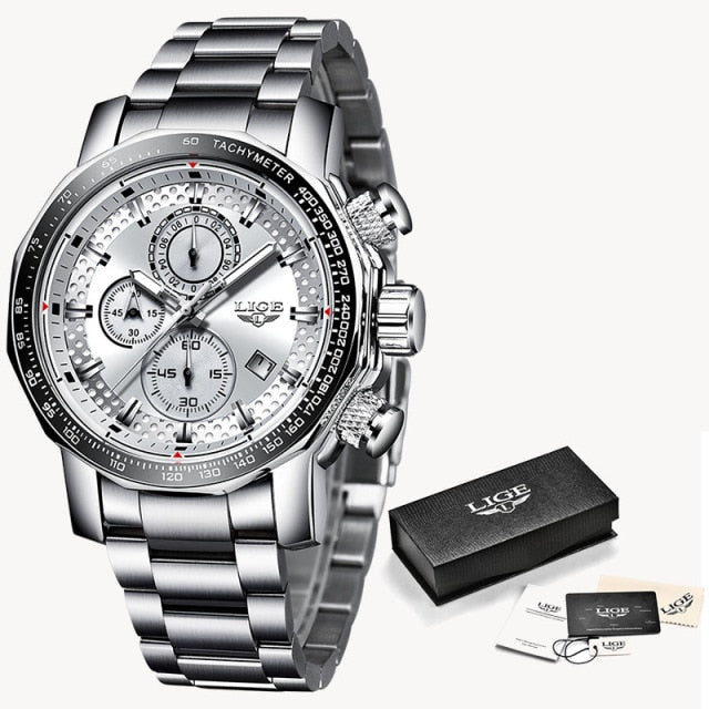 New Sport Chronograph Mens Watches Top Brand Luxury Full Steel Quartz Clock Waterproof Big Dial Watch Men