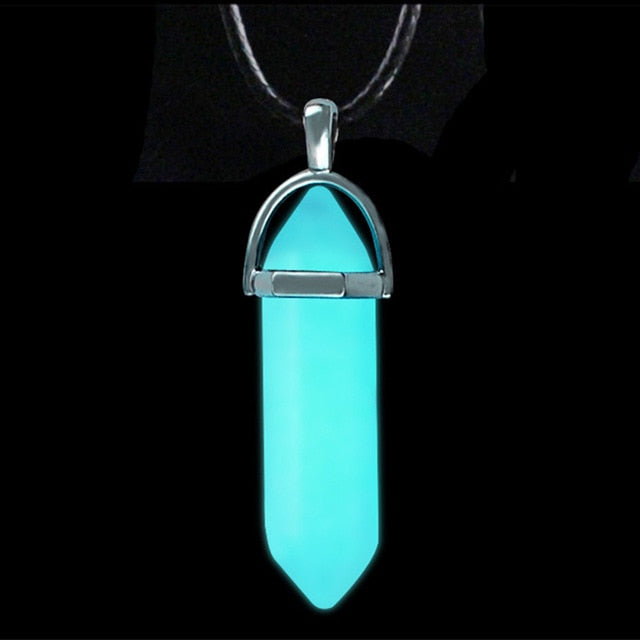 Dark Luminous Stone Fluorescent Hexagonal Column Necklace Natural Crystal Glowing in Dark Bullet Stone Pendant Leather Necklace