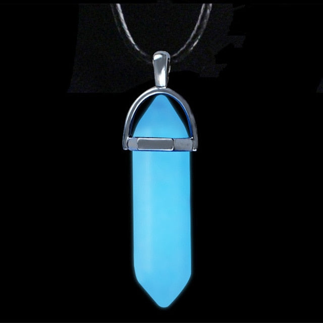 Dark Luminous Stone Fluorescent Hexagonal Column Necklace Natural Crystal Glowing in Dark Bullet Stone Pendant Leather Necklace
