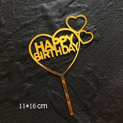 Happy Birthday Love Flag Cake Topper Acrylic Letter Gold Silver Cake Top Flag Decoration for Birthday Party Wedding Supplies