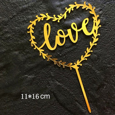 Happy Birthday Love Flag Cake Topper Acrylic Letter Gold Silver Cake Top Flag Decoration for Birthday Party Wedding Supplies