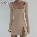 Darlingaga Elegant Square Neck Ribbed Black Dress Female Knitted Side Split Bodycon Dress Long Sleeve Fashion Mini Dresses Basic