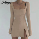 Darlingaga Elegant Square Neck Ribbed Black Dress Female Knitted Side Split Bodycon Dress Long Sleeve Fashion Mini Dresses Basic