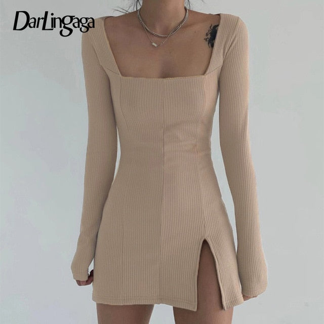 Darlingaga Elegant Square Neck Ribbed Black Dress Female Knitted Side Split Bodycon Dress Long Sleeve Fashion Mini Dresses Basic