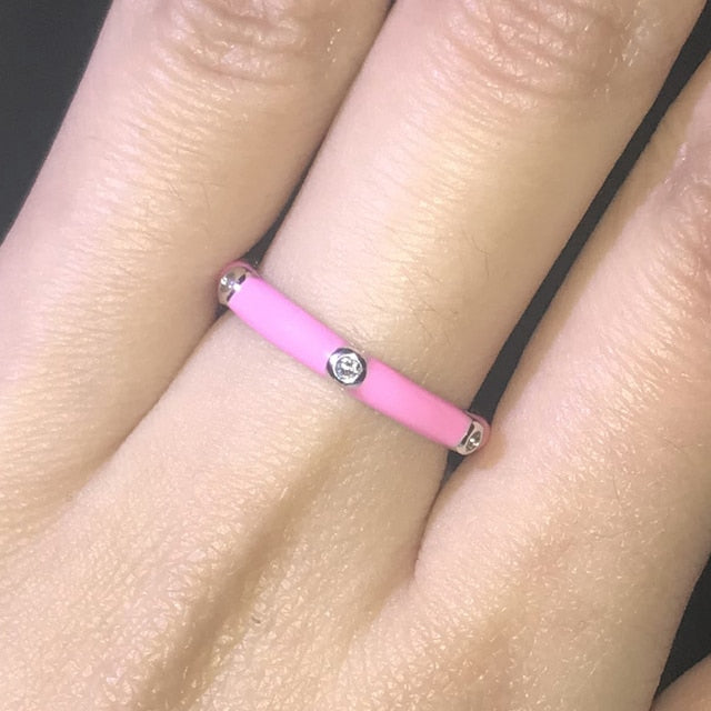 10 Colors Simple Style Enamel Ring Paved With Shiny Cubic Zircon Stone Fashion Wed Engage Ring For Women