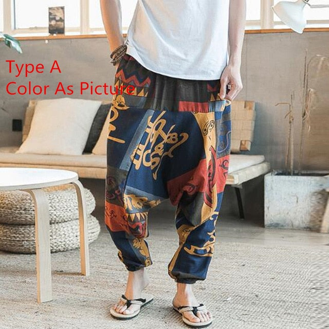 Baggy Cotton Linen Harem Pants Men Hip-hop Women Plus Size Wide Leg Trousers Casual Vintage Long Pants Pantalones Hombre 2021