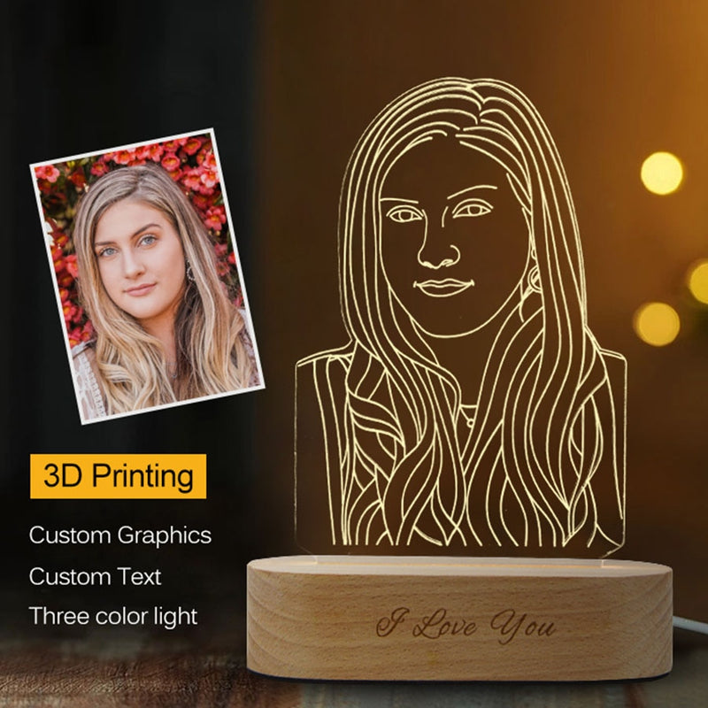 Dropshipping Customized 3D Night Light USB Wooden Base DIY Night Lamp For Wedding Christmas Gift Holiday Light Custom Text Photo