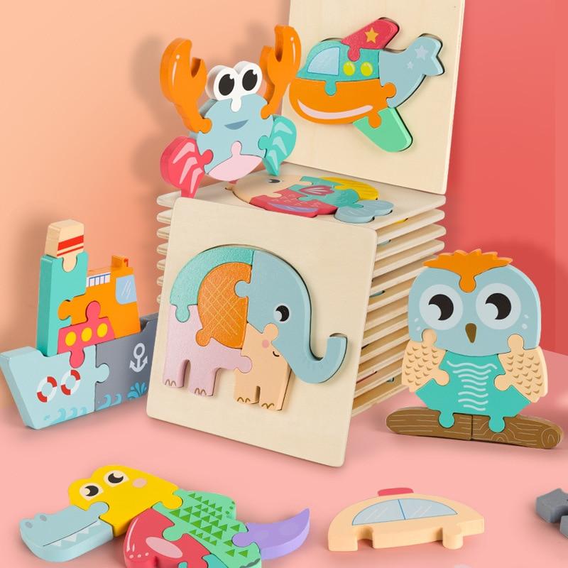 High quality baby 3D wooden puzzle educational toys early learning cognition kids cartoon grasp intelligence puzzle