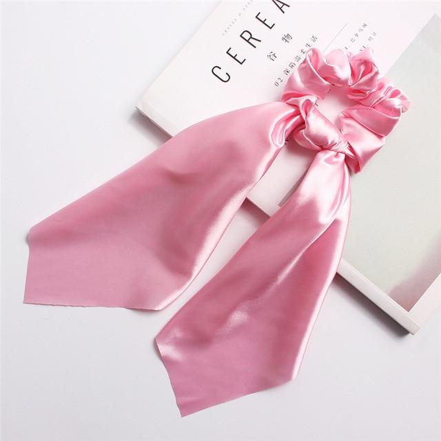 DIY Solid/Floral Print Bow Satin Long Ribbon Ponytail Scarf Hair Tie Scrunchies Women Girls Elastic Hair Bands Hair Accessories