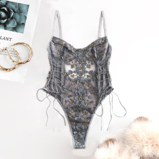 Women Teddy lingerie Sexy Underwear Erotic Corset Lace Mesh Sleepwear Nightwear  Embroidered strap one-piece sexy pajamas