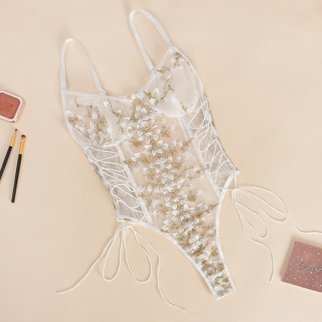 Women Teddy lingerie Sexy Underwear Erotic Corset Lace Mesh Sleepwear Nightwear  Embroidered strap one-piece sexy pajamas