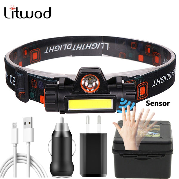 Sensor XP-G Q5 Headlamp Head Lamp Headlight Waterproof 2500lm Cob Led Built in Usb Rechargeable 18650 Battery Working Light 5w