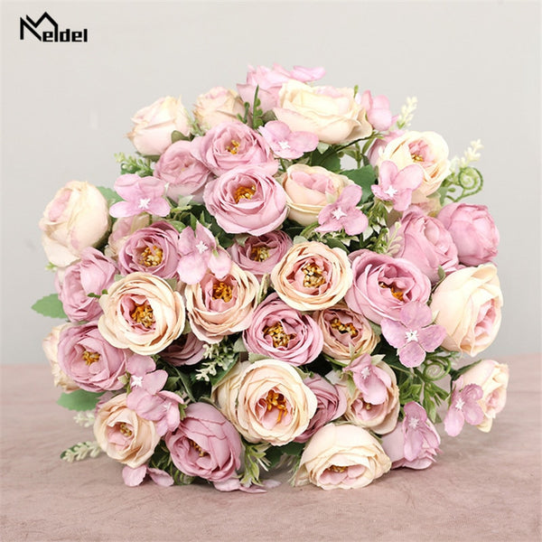 10 Heads Artificial Flowers Roses Bridesmaids Bouquet 5 Branches Silk Fake Flowers for DIY Home Garden Wedding Decoration Flores
