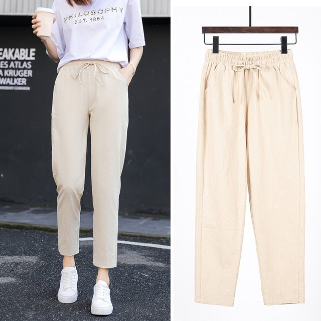 Womens Spring Summer Pants Cotton Linen Solid Elastic waist Candy Colors Harem Trousers Soft high quality for Female ladys S-XXL